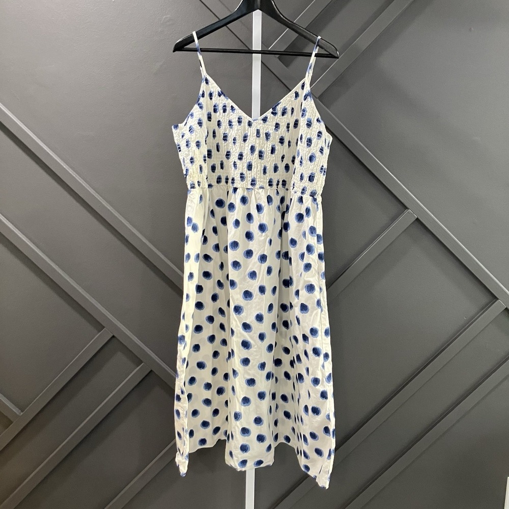 H&M Blue White Polka‎ Dot Smocked Midi Dress Sz XL Sleeveless Spaghetti Strap